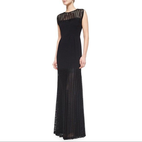 Lela Rose Black Sleeveless Chevron Lace Maxi Gown